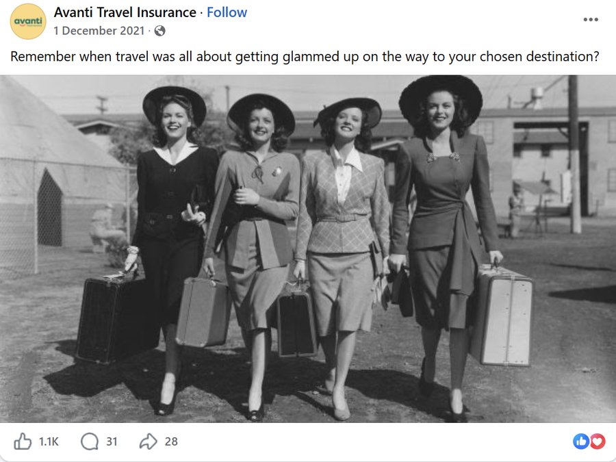 Avanti Facebook post — Remember when travel was all about getting glammed up? 1940s photo of four women with suitcases
